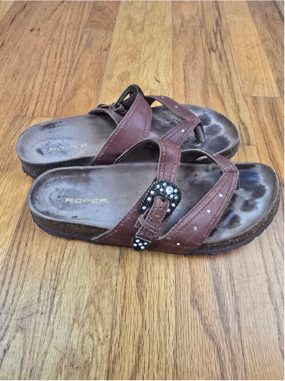 Women's Roper Brown Leather Rhinestone Sandals Size 9